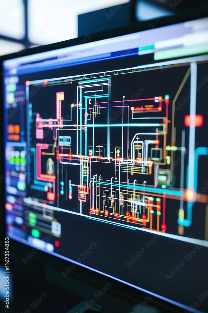 Poster detailed 3d model of a solar power grid system displayed on a workstation screen.