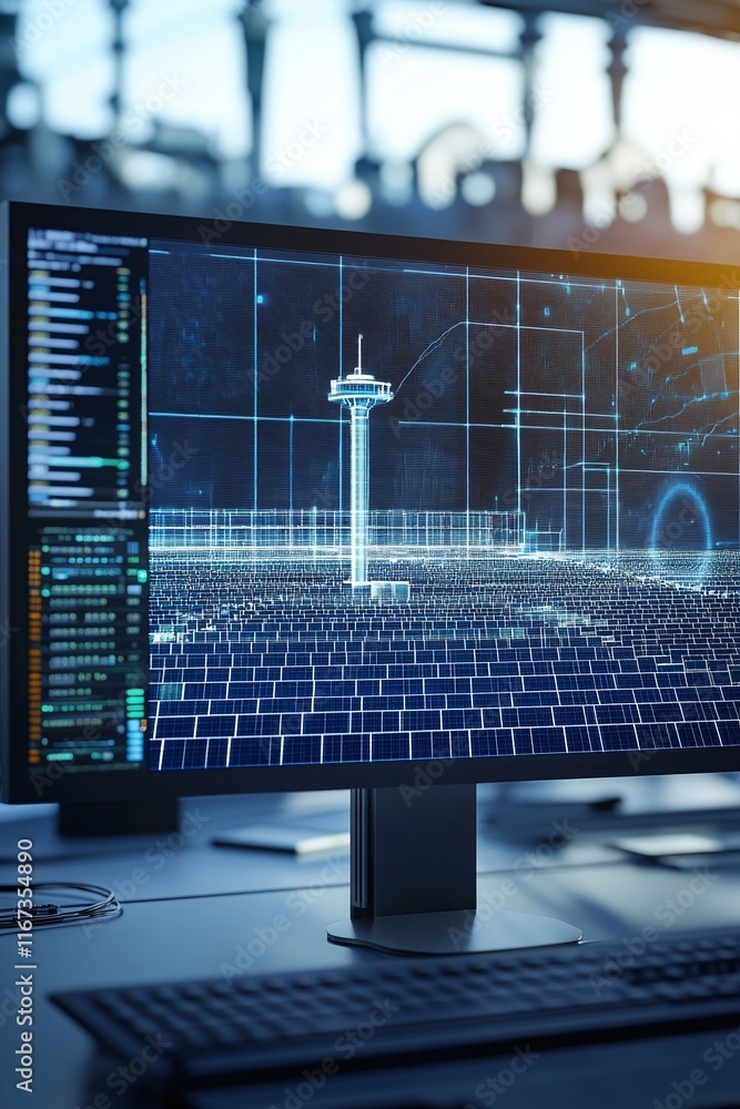 Poster detailed 3d model of a solar power grid system displayed on a workstation screen.