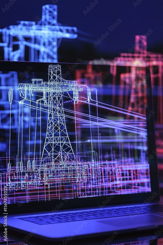 Poster detailed cad blueprint of a smart power grid with live energy flow dynamics shown on a laptop.