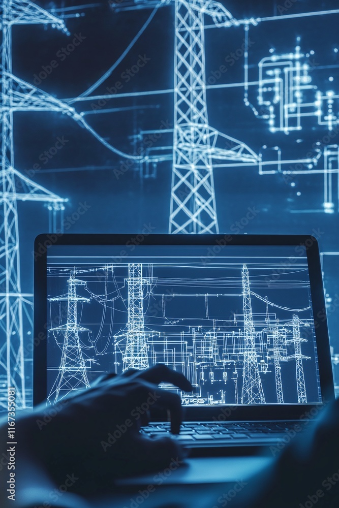 Poster detailed cad blueprint of a smart power grid with live energy flow dynamics shown on a laptop.