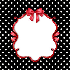 Watercolor frame border of red ribbons and bows on the retro polka dot background. © Lora
