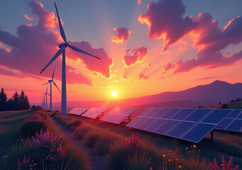 sunset scenery inspired neural network ai created art wind power solar panel