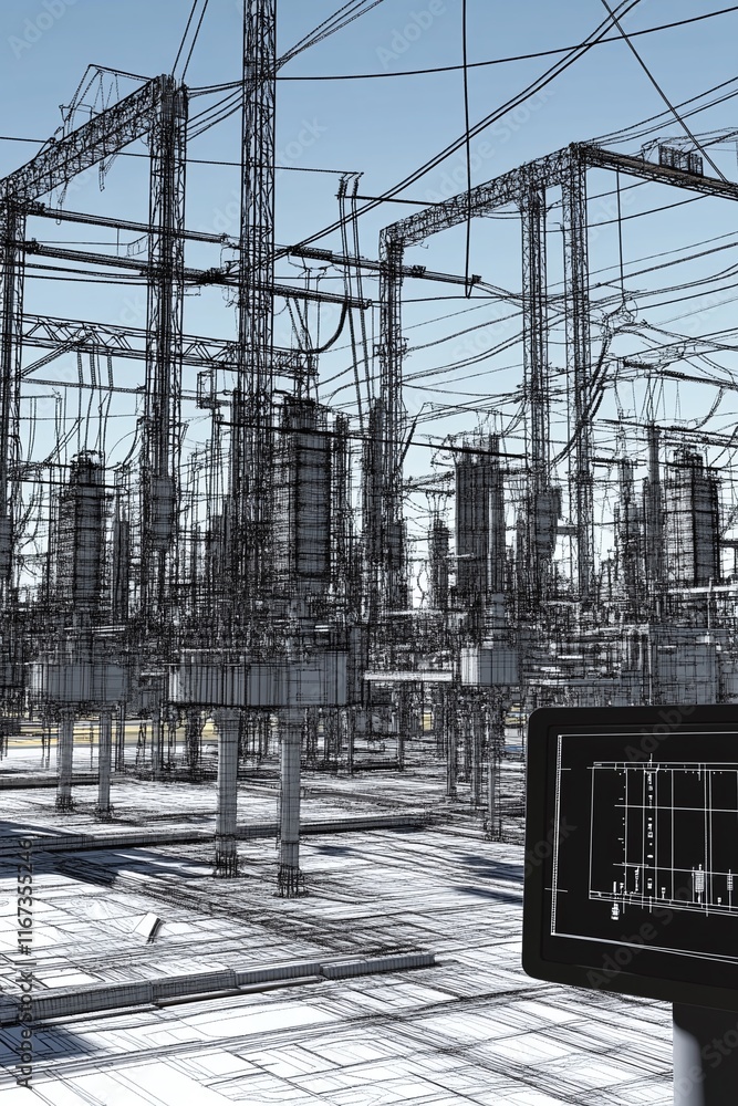 Poster detailed cad rendering of an industrial electrical grid with substations and transformers shown on a