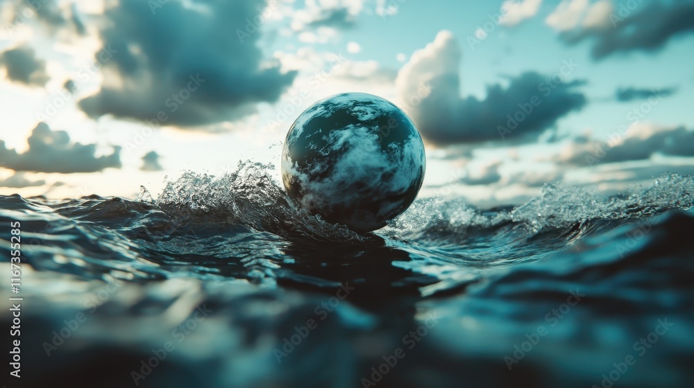 Poster a captivating image depicting the earth rising from the waves, creating a powerful visual representa