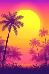 Naklejka premium vibrant sunset background with silhouettes of palm trees