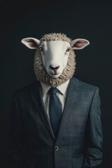 a sheep wearing suit against dark background