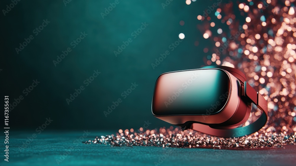 Poster a striking vr headset is elegantly displayed with shimmering particles around it, symbolizing the ma