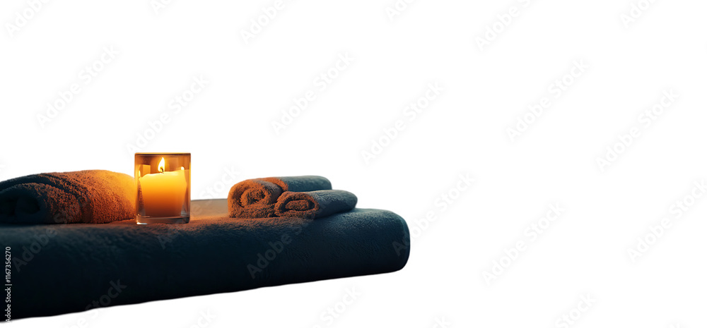 Poster a serene spa setting with towels and a lit candle for relaxation.