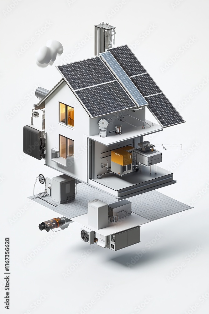 Poster dynamic infographic showing the components of a home solar power system with storage: panels inverte