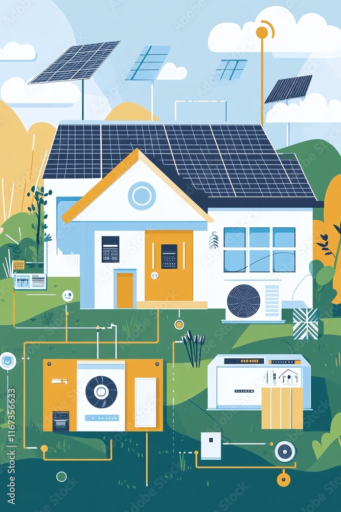 Poster dynamic infographic showing the components of a home solar power system with storage: panels inverte