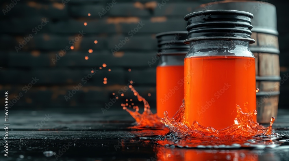 Poster bright orange liquid splashes out from glass jars, creating a vivid and dynamic visual that captures