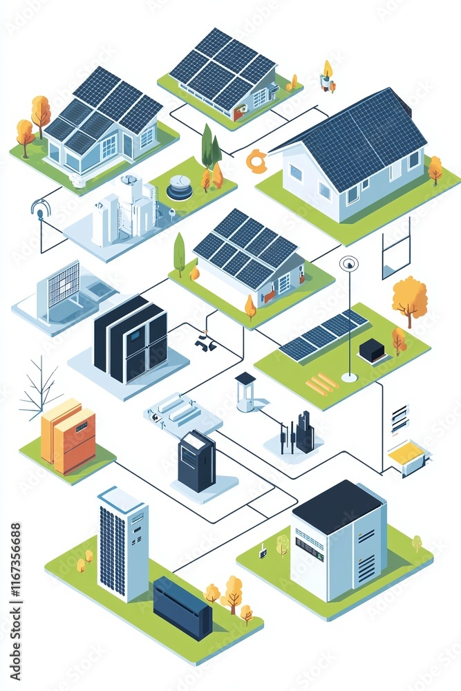Poster dynamic infographic showing the components of a home solar power system with storage: panels inverte