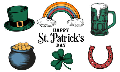 Vector illustration of St. Patrick's Day symbols, vintage engraving style. leprechaun hat, rainbow, beer mug, gold coins, clover, horseshoe