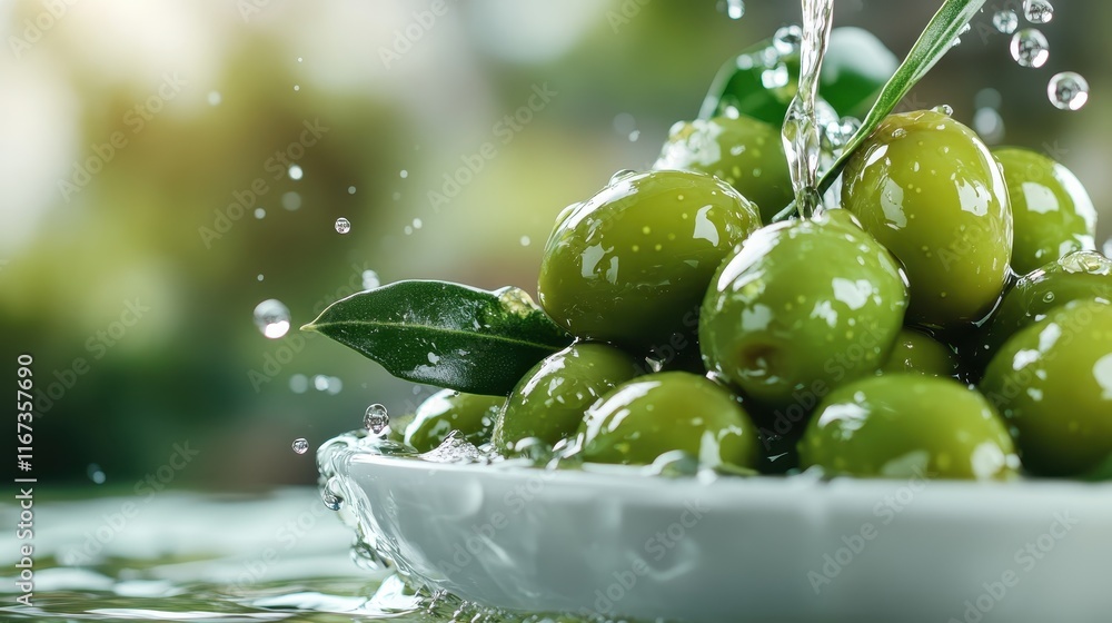 Poster a dynamic image of green olives splashing into clear water, capturing the freshness and vibrancy of 