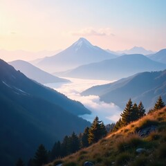 Misty mountain range, soft focus, pastel colors, ethereal glow, serene, amazing, image