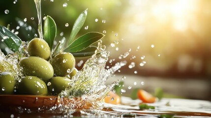 An artistic display of olives being splashed by water, illustrating the movement and freshness of the ingredients set against a blurred background of greens.