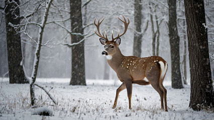 zoo animals jungle mammals A white-tailed deer grazing in a snowy woodland, its coat blending with the soft white snow. ai