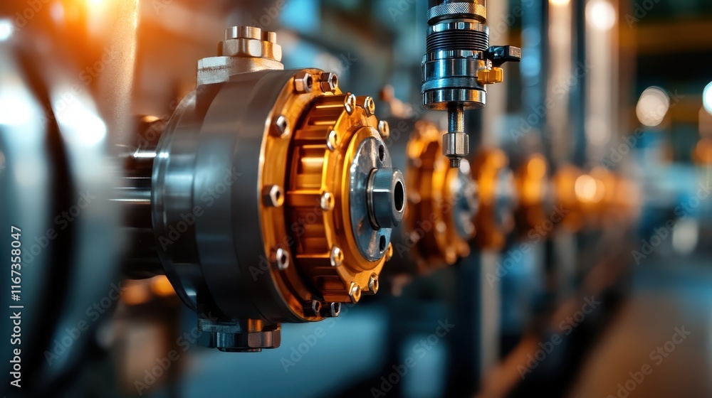 Aufkleber a detailed close-up of industrial machinery components, emphasizing their mechanical design with str