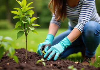 woman uses female gardening gloves plants green garden soil outdoors near small