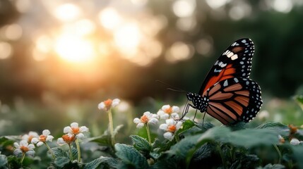 Obraz premium A stunning close-up of a monarch butterfly perched on delicate flowers, illuminated by the warm glow of the sunrise, highlighting nature's intricate beauty.