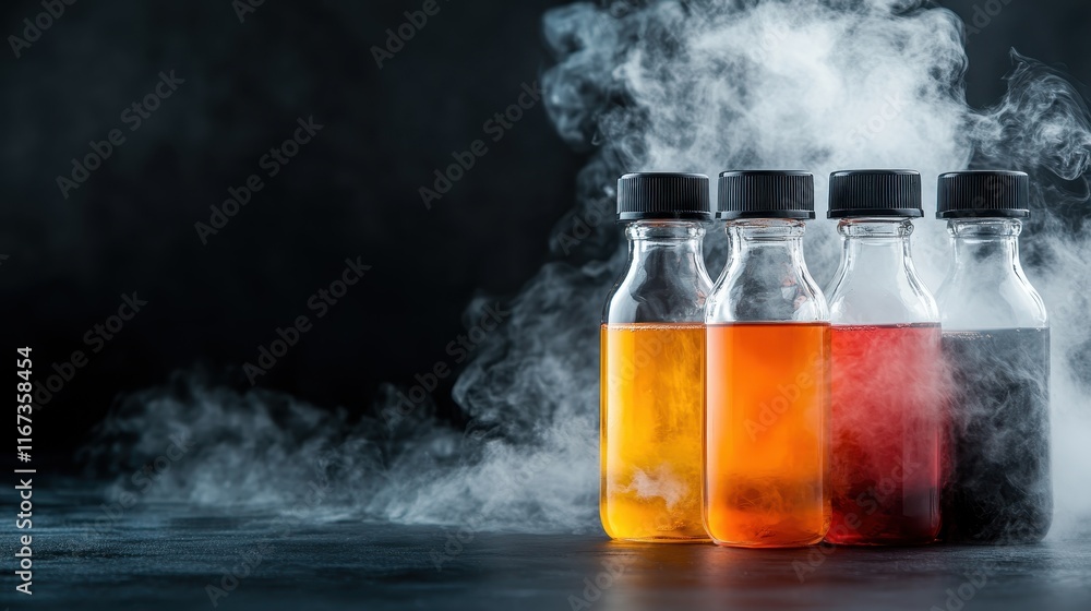 Poster an array of mysterious bottles filled with colorful liquids under a cloud of fog, evoking curiosity 