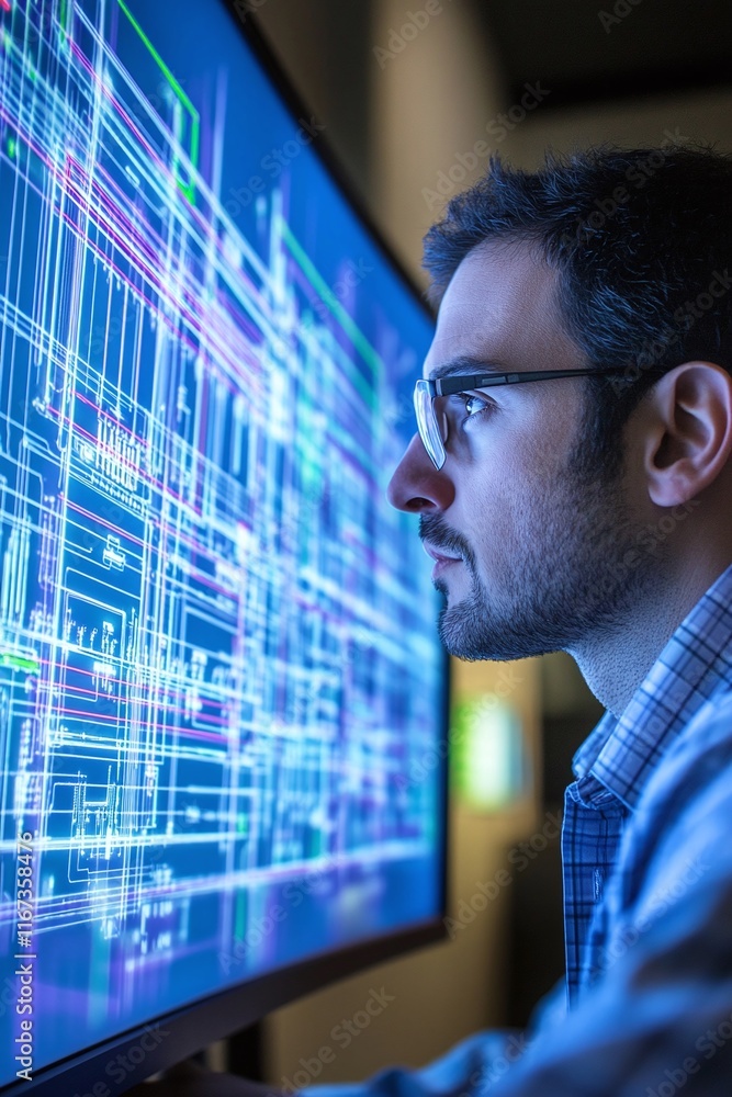Aufkleber engineer analyzing a cad schematic of a regional electrical grid on a large curved monitor.