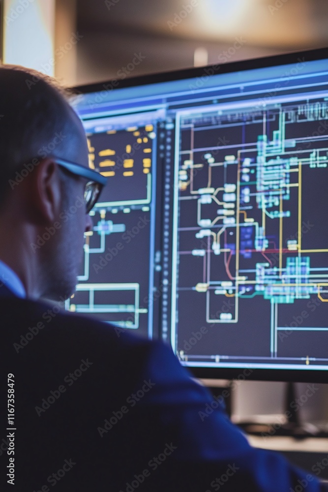 Poster engineer reviewing a cad design of a smart grid system displayed on a large computer monitor.