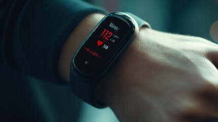 Close-up of a fitness tracker displaying heart rate.