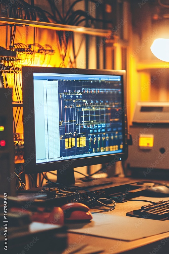 Poster engineer’s desk with a computer displaying a complex cad layout of power grid components.
