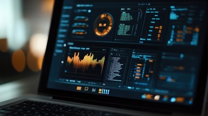 Laptop screen displaying data analytics dashboards with charts and graphs at night.