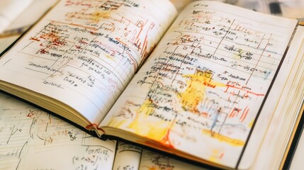 Open notebook with colorful handwritten notes and sketches.