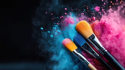 Bright colored powder along with artist brushes sits on a dark surface, featuring an energetic contrast that invites artistic expression and sparks inspiration in creativity.