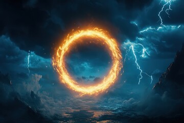 Fiery Ring Portal Amidst a Stormy Seascape