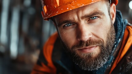 A close-up of a construction worker with a rugged look and icy breath, wearing a hard hat and orange jacket, reflects dedication and resilience in a challenging work environment.