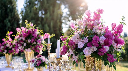 Obraz premium wedding reception table decorated with bougainvillea flowers in vases, adding a pop of color to the elegant setting. Bougainvillea 