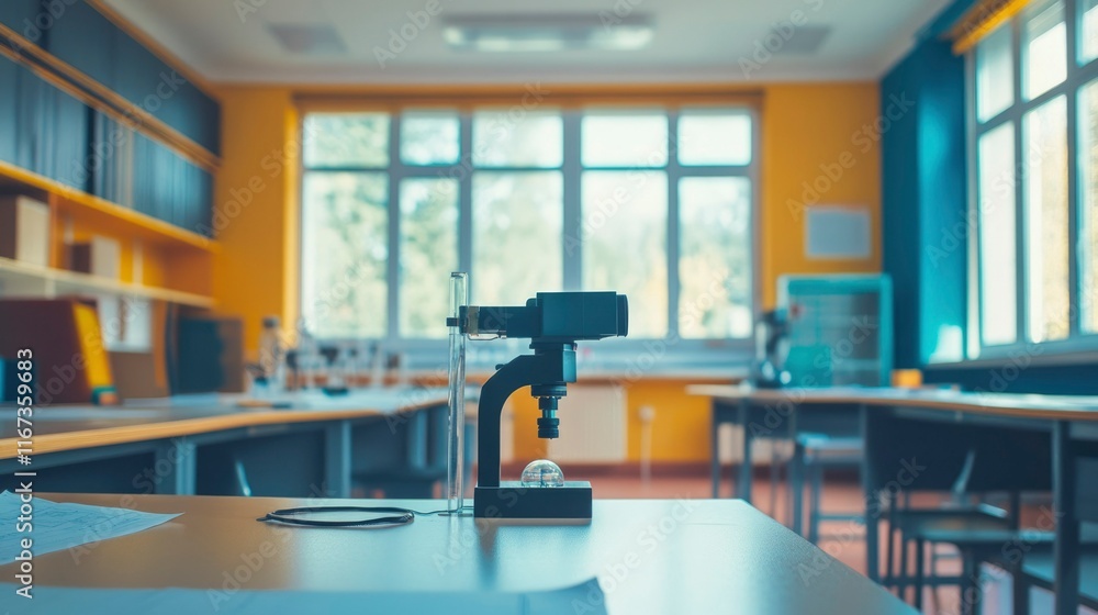 Poster microscope in a bright science classroom setting