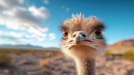 A close perspective of an ostrich displays its expressive eyes and facial features, evoking curiosity and fascination with wildlife behavior and personality.