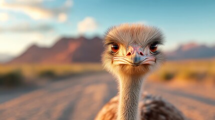 A striking close-up of an ostrich against a soft-focus backdrop, showcasing the animal's unique features and characteristics in its natural habitat.