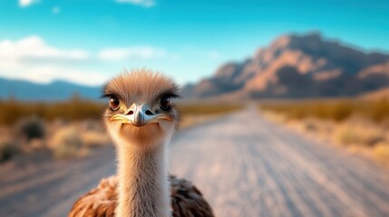 An commanding ostrich confidently looks down a sandy pathway, capturing the essence of its habitat and showcasing its distinct personality in the wild.
