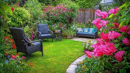 Naklejka premium luxurious tropical garden with bougainvillea flowers in full bloom, creating a stunning backdrop for a relaxing garden seating area. Bougainvillea 