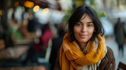 A captivating portrait of a young woman with warm, inviting eyes and a soft smile, framed by blurred bokeh lights, creating a dreamy and ethereal atmosphere,
