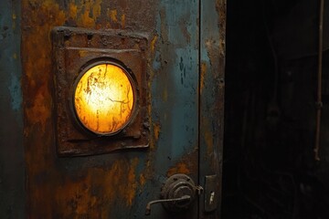 Rusty metal door with glowing interior light