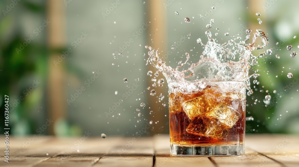 Poster a refreshing cocktail or soft drink splashes over ice cubes, creating an enticing scene that capture