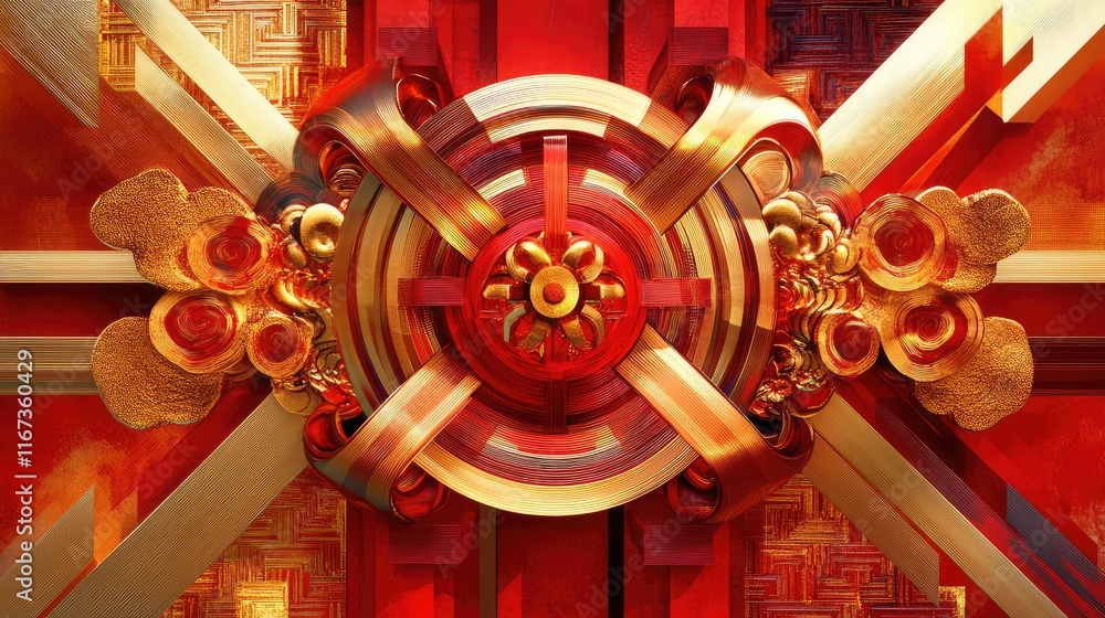 Aufkleber abstract chinese knot design with a blend of gold and red shapes, creating a dynamic and festive com