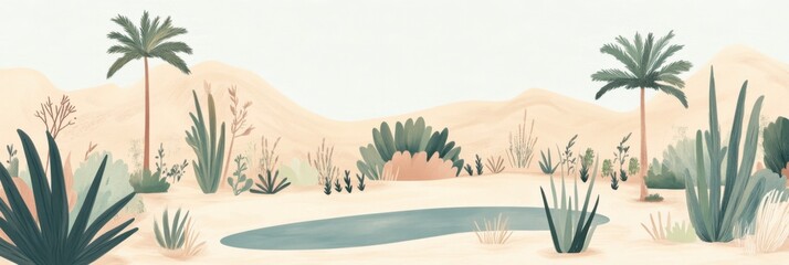 Tranquil desert oasis landscape with minimalist aesthetic for nature-inspired wall art and decor