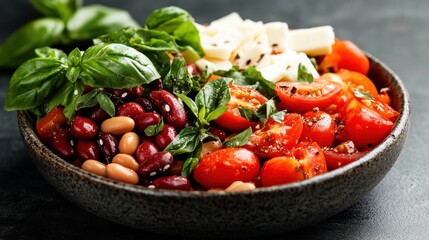 A colorful salad featuring cherry tomatoes, mixed beans, and fresh herbs like basil, creating a nutritious and flavorful dish in a rustic bowl on a dark surface.
