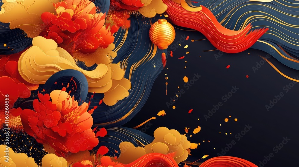 Aufkleber abstract chinese knot design with a blend of gold and red shapes, creating a dynamic and festive com