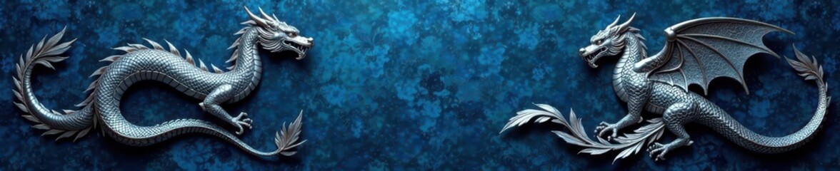 Subtle silver dragon & phoenix mesh pattern on dark blue backdrop, vector, silk, night