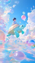 Serene Childhood Adventure: A Child Riding a Giant Turtle Across a Calm Pastel Ocean