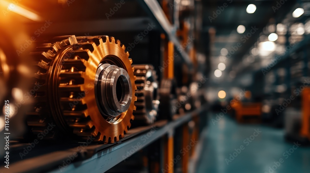 Poster a detailed close-up of mechanical gears on a shelf in a factory, highlighting the precision and intr